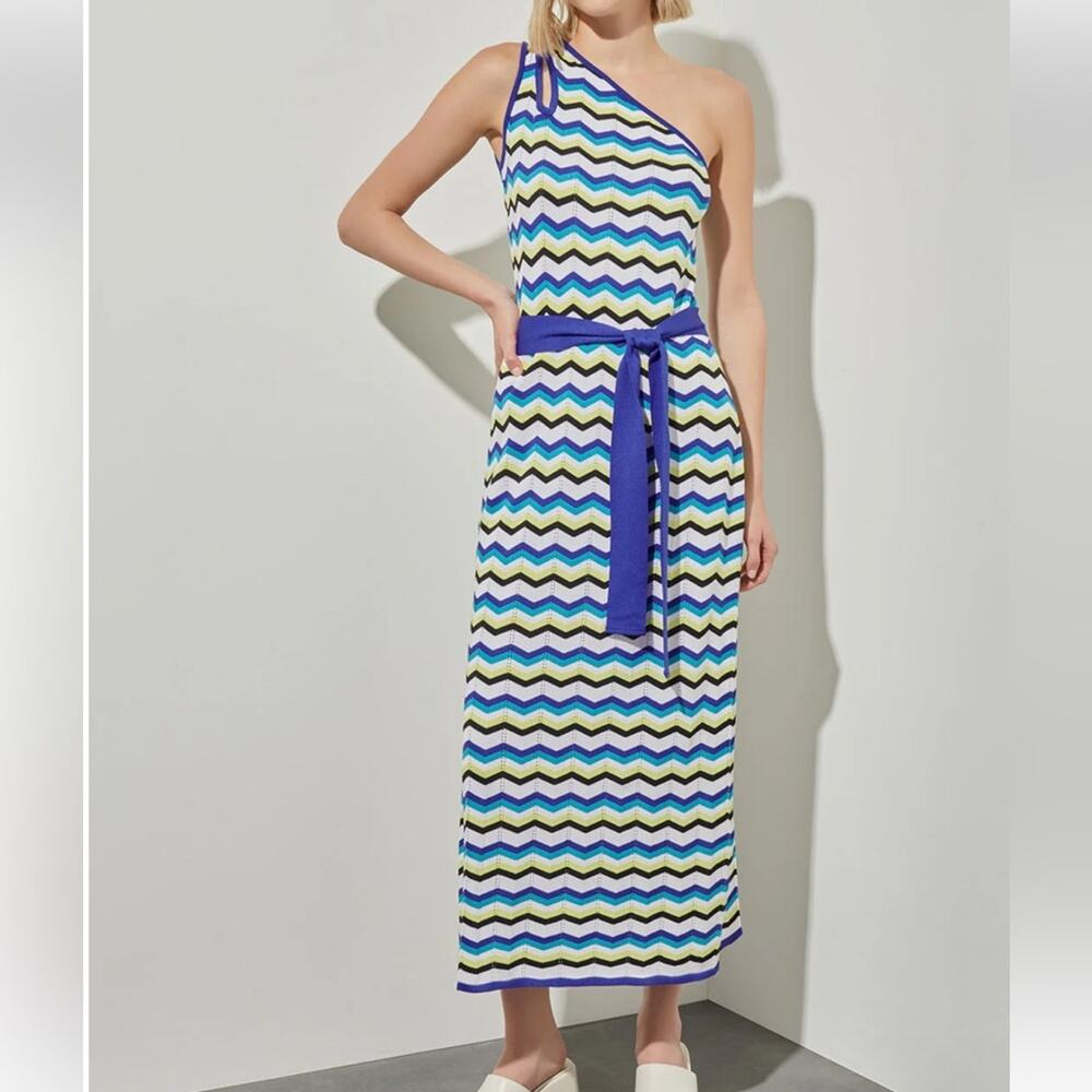 NWT Ming Wang Modern Fit One-Shoulder Column Maxi Dress - Chevron Soft Knit, S